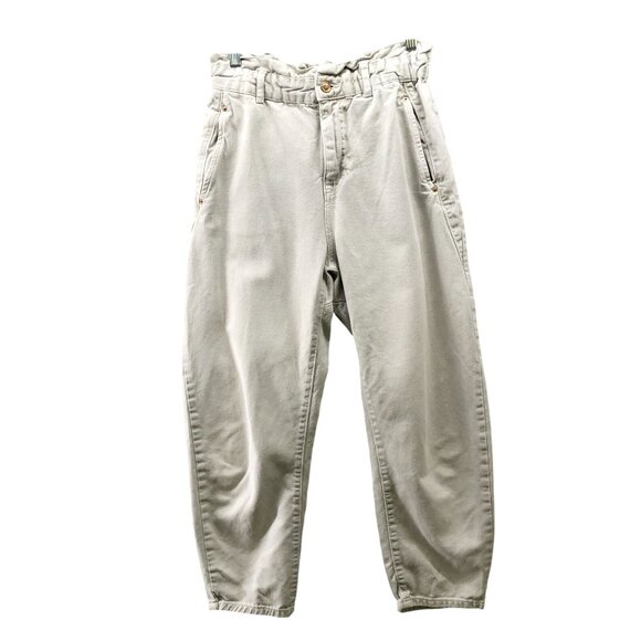 Zara High Waisted Baggy Jeans Womens 6 Beige Elastic Waist Paper Bag Relaxed - Picture 1 of 11